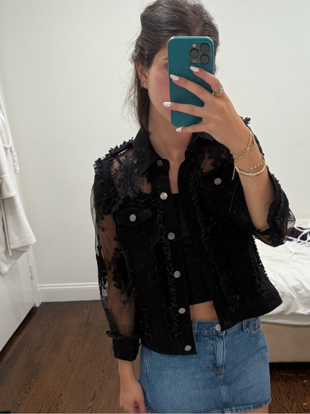 A.Z.I Black lace denim  Embroidered Button-Front Jacket - Women's Top